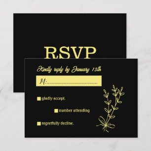 Romantic elegant gold flower black wedding RSVP card
