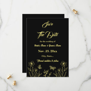 Romantic elegant gold flower black wedding save the date