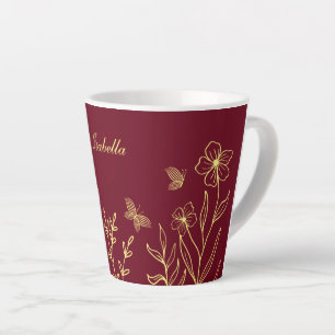 Romantic elegant gold flower burgundy  latte mug