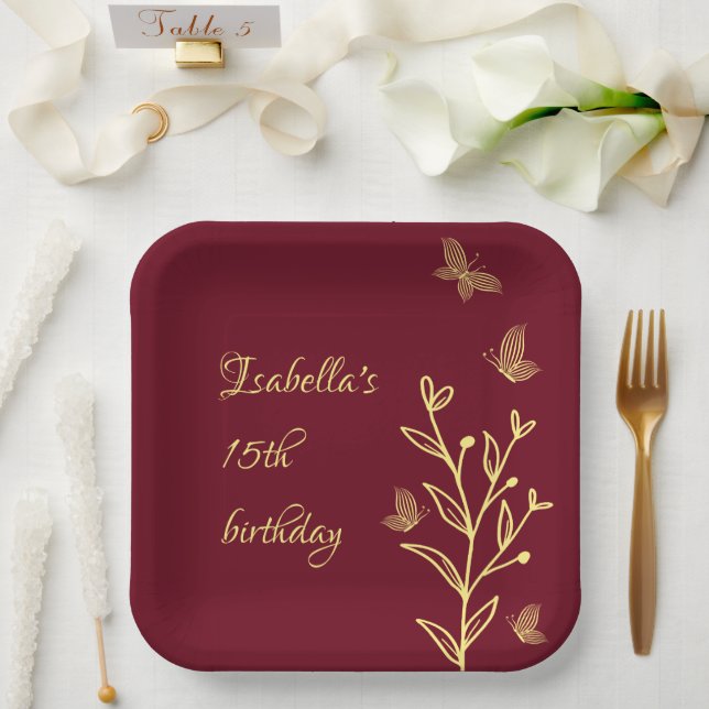 Romantic elegant gold flower burgundy paper plate (Wedding)