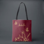 Romantic elegant gold flower burgundy tote bag<br><div class="desc">Unique simple tote bag featuring romantic and elegant gold flowers on burgundy background
FOR MORE MATCHING PRODUCTS click on the collection above or contact me.</div>