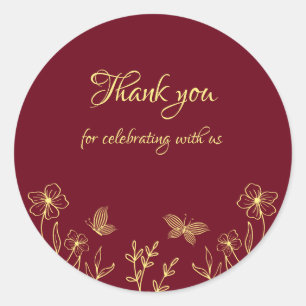 Romantic elegant gold flower burgundy wedding classic round sticker