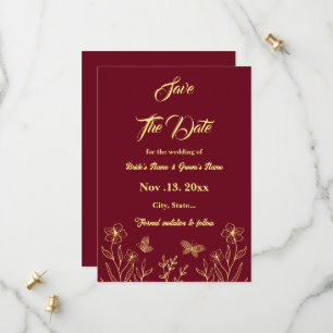 Romantic elegant gold flower burgundy wedding save the date