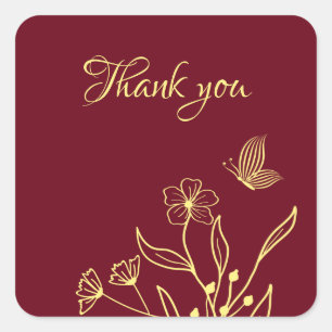 Romantic elegant gold flower burgundy wedding square sticker