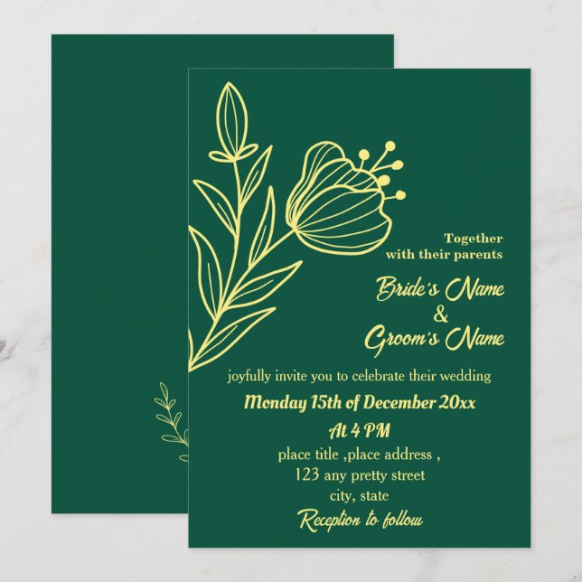 Romantic elegant gold flower emerald green invitation (Front/Back)
