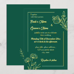 Romantic elegant gold flower emerald green invitation