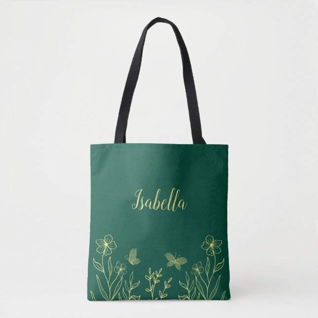 Romantic elegant gold flower emerald green tote bag (Front)
