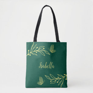 Romantic elegant gold flower emerald green tote bag