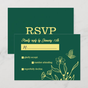 Romantic elegant gold flower emerald green wedding RSVP card