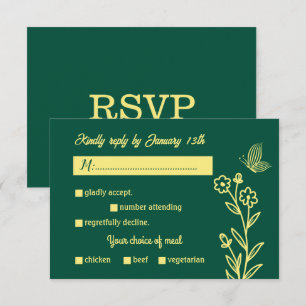 Romantic elegant gold flower emerald green wedding RSVP card