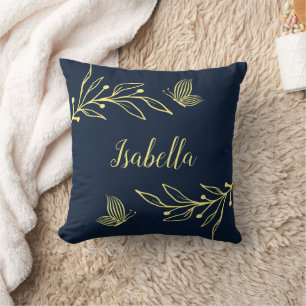 Romantic elegant gold flower navy cushion