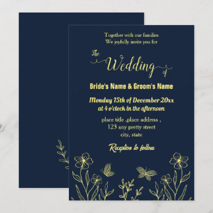 Romantic elegant gold flower navy invitation
