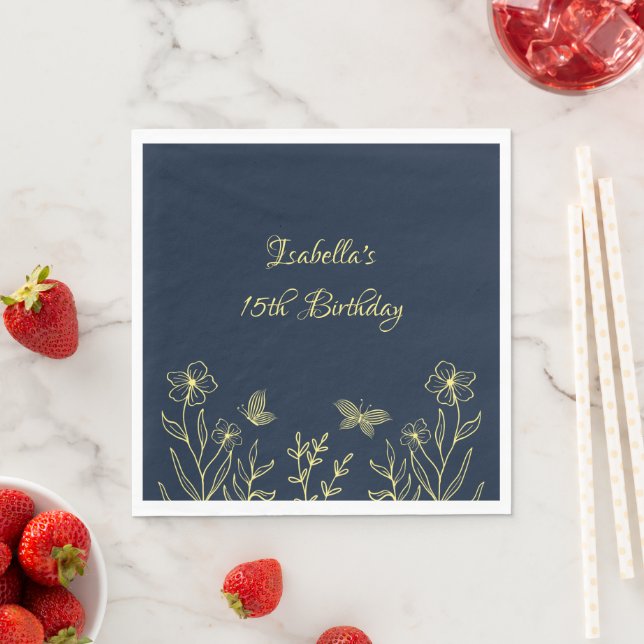Romantic elegant gold flower navy napkin (Insitu)