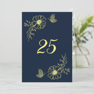 Romantic elegant gold flower navy table number