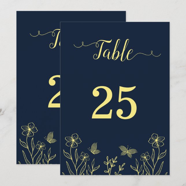 Romantic elegant gold flower navy table number (Front/Back)