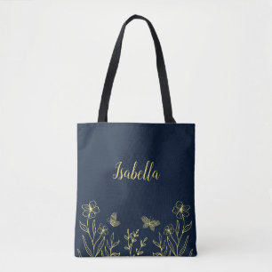 Romantic elegant gold flower navy tote bag