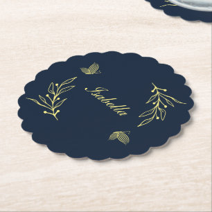 Romantic elegant gold flower navy wedding paper coaster