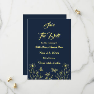 Romantic elegant gold flower navy wedding save the date