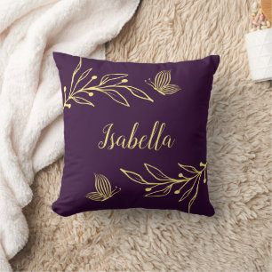 Romantic elegant gold flower purple cushion