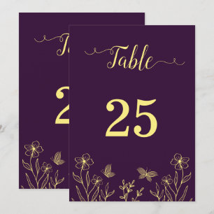 Romantic elegant gold flower purple table number 