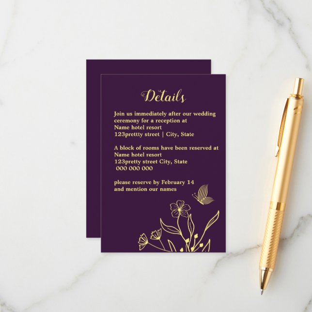 Romantic elegant gold flower purple wedding enclosure card (Front/Back In Situ)