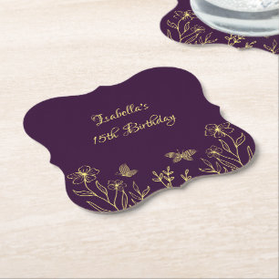 Romantic elegant gold flower purple wedding paper coaster