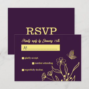 Romantic elegant gold flower purple wedding RSVP card