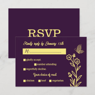 Romantic elegant gold flower purple wedding RSVP card