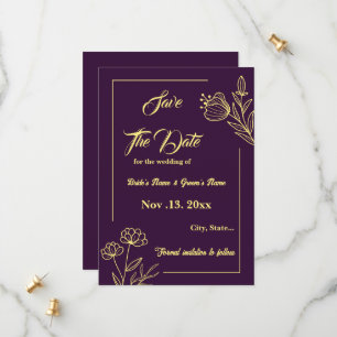 Romantic elegant gold flower purple wedding save the date