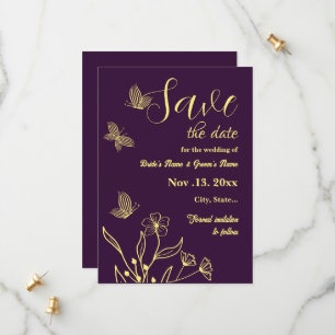 Romantic elegant gold flower purple wedding save the date
