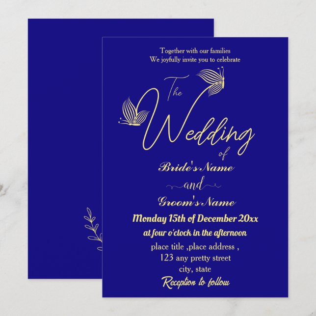 Romantic elegant gold flower royal blue invitation (Front/Back)