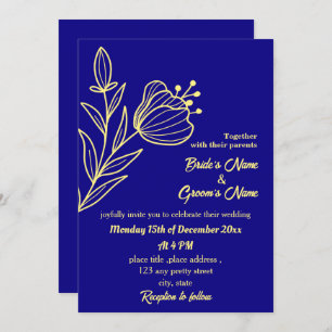 Romantic elegant gold flower royal blue invitation