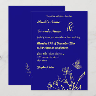 Romantic elegant gold flower royal blue invitation
