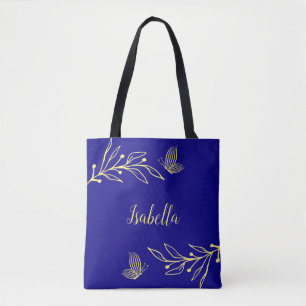 Romantic elegant gold flower royal blue tote bag