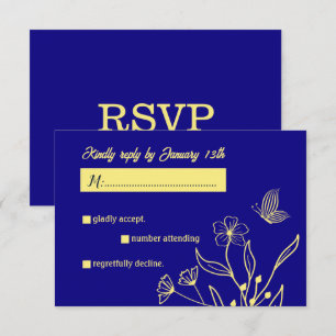Romantic elegant gold flower royal blue wedding RSVP card