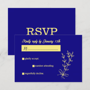 Romantic elegant gold flower royal blue wedding RSVP card
