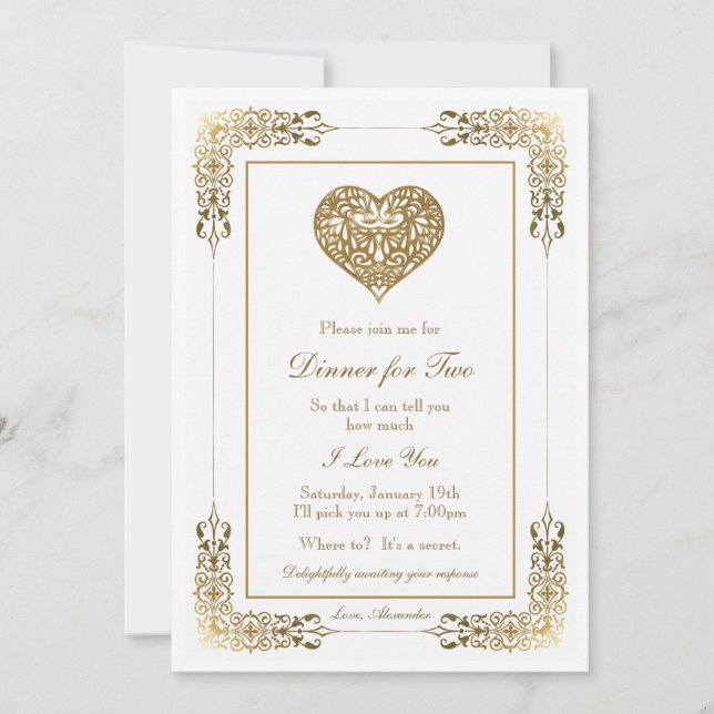 Romantic Elegant Gold Lace Dinner for Two Invitation (Front)