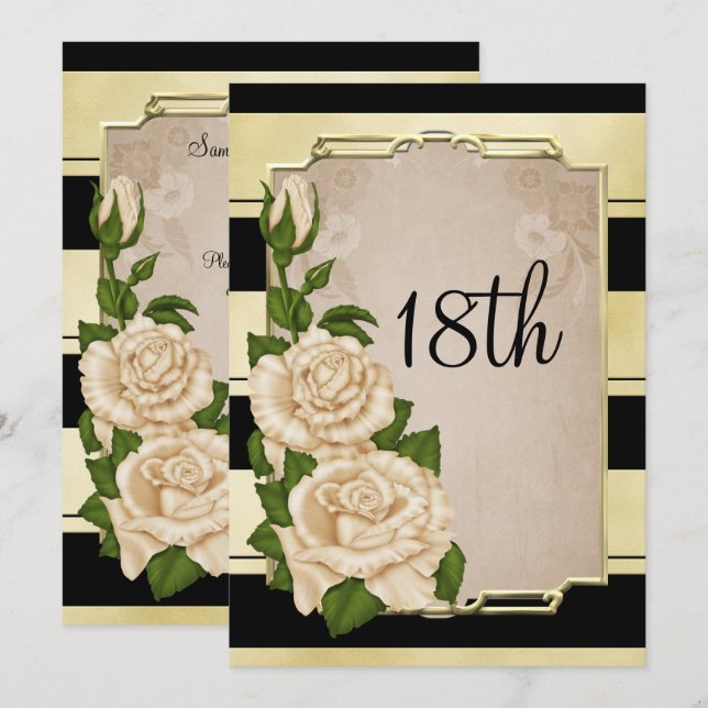 Romantic Elegant Ivory Roses Gold Framed 18th Invitation (Front/Back)