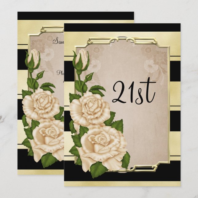 Romantic Elegant Ivory Roses Gold Framed 21st Invitation (Front/Back)