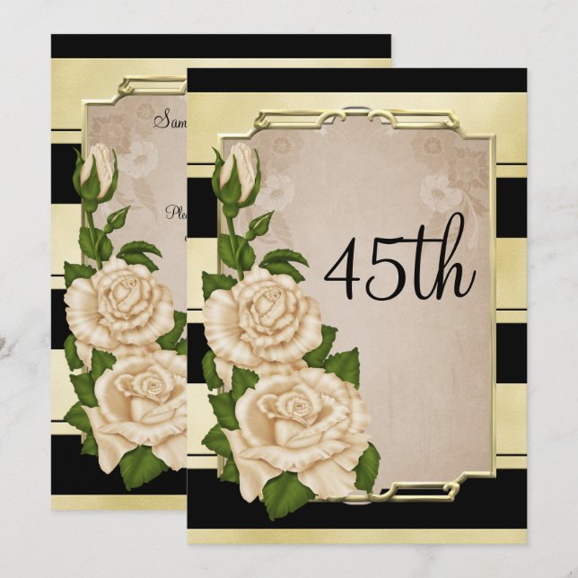 Romantic Elegant Ivory Roses Gold Framed 45th Invitation (Front/Back)