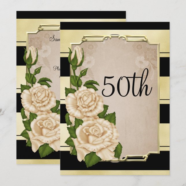 Romantic Elegant Ivory Roses Gold Framed  50th Invitation (Front/Back)