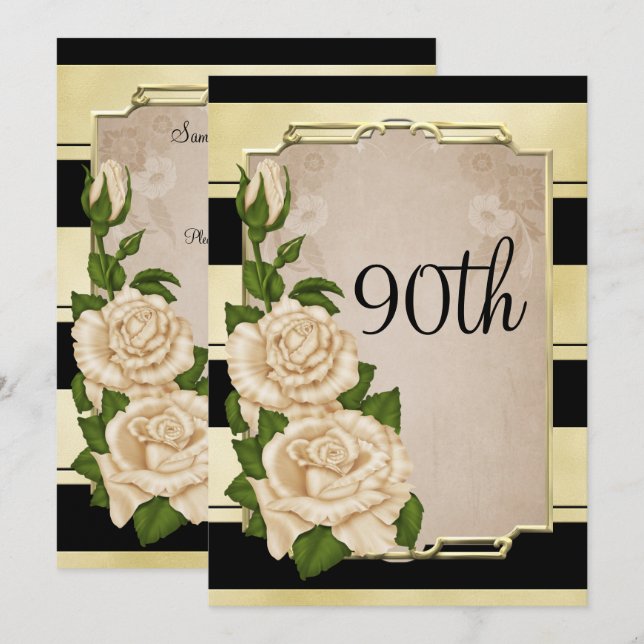 Romantic Elegant Ivory Roses Gold Framed  90th Invitation (Front/Back)