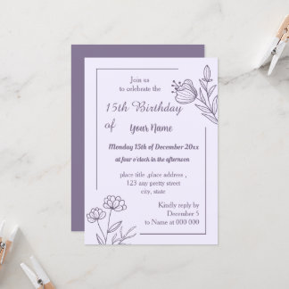 Romantic elegant mauve floral birthday invitation
