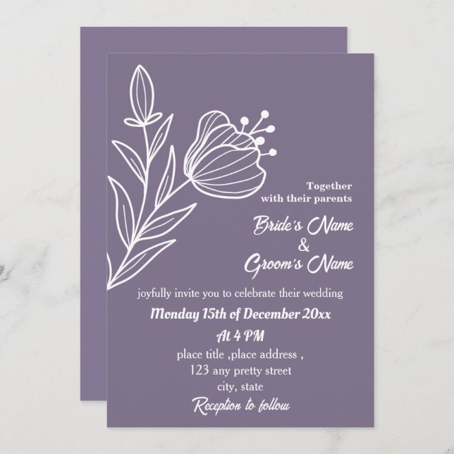 Romantic elegant mauve floral wedding invitation (Front/Back)