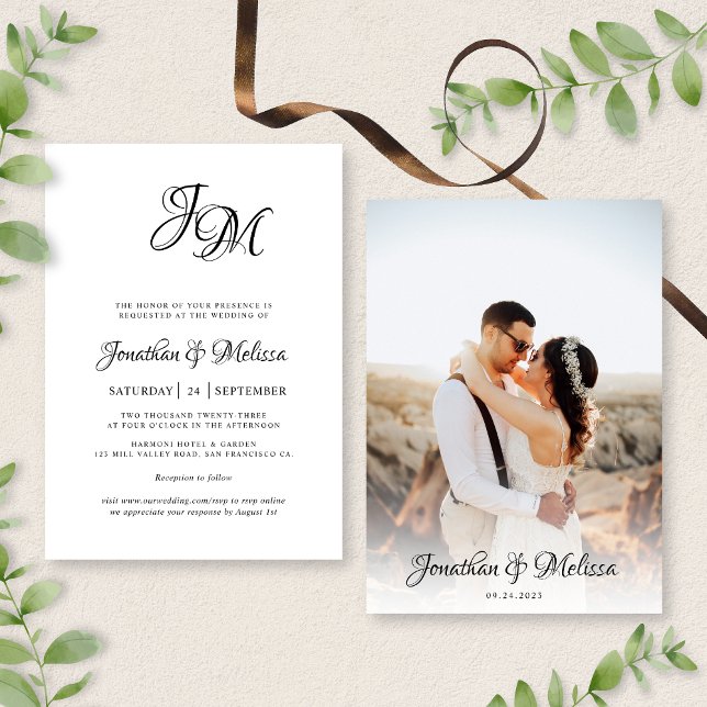 Romantic Elegant Monogram Script Photo Wedding Invitation (Creator Uploaded)
