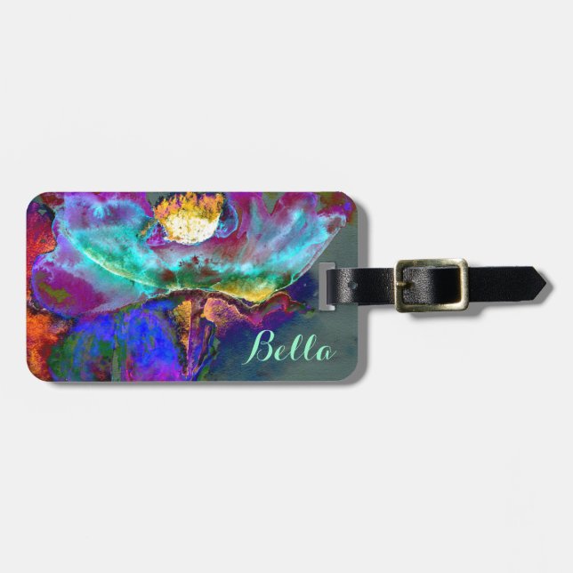 Romantic elegant purple teal flower painting luggage tag (Front Horizontal)