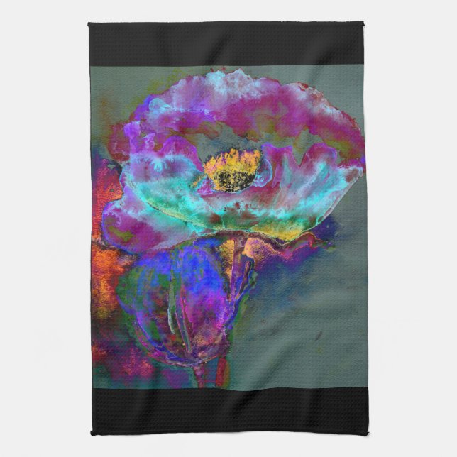 Romantic elegant purple teal flower painting tea towel (Vertical)
