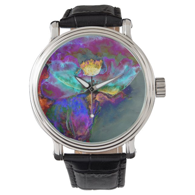Romantic elegant purple teal flower painting watch (Front)