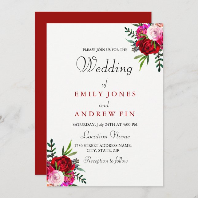 Romantic Elegant Red Pink Rose Wedding Invitation (Front/Back)