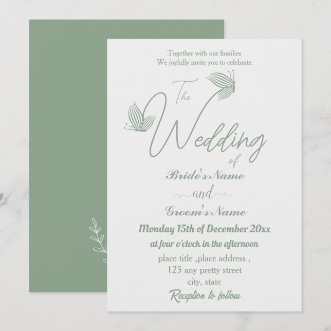 Romantic elegant sage green butterflies wedding invitation (Front/Back)